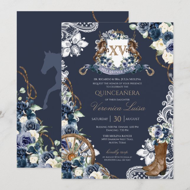 Invitation Charro Horse Crest Royal Navy Blue Quinceanera Inv (Devant / Derrière)