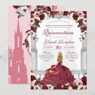 Invitation Charro Princesse Quinceanera, Rose de Bourgogne