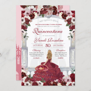 Invitation Charro Princesse Quinceañera, Rose de Bourgogne