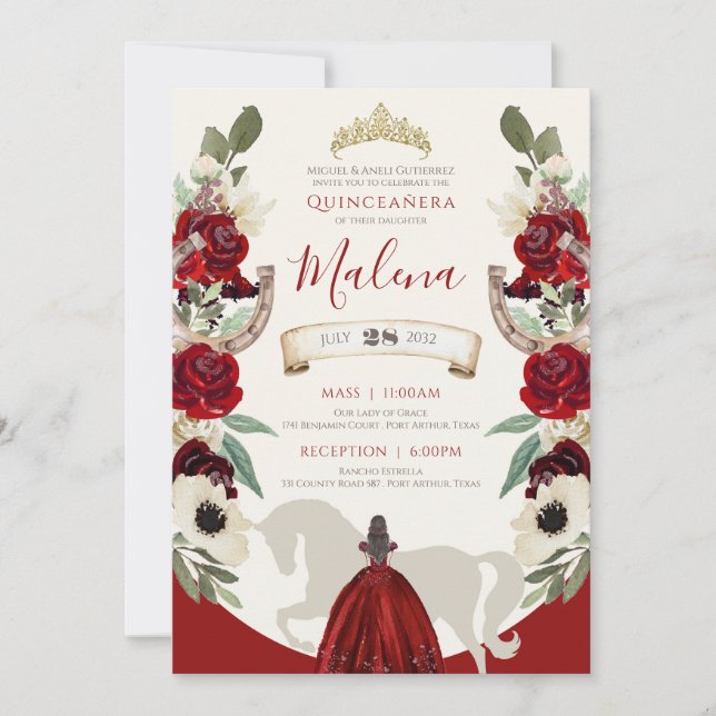 Invitation Charro Quinceanera de Bourgogne Rouge Elégante Aqu (Devant)