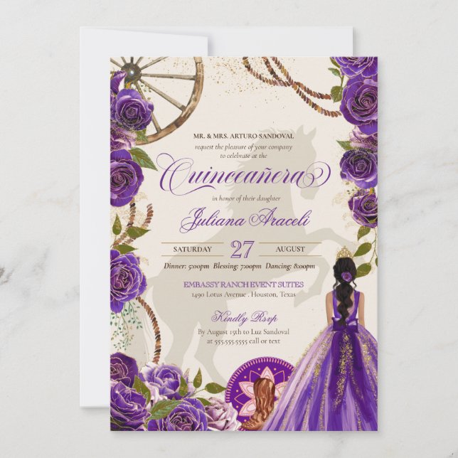 Invitation Charro Quinceanera, Ranch occidental Rose violet (Devant)
