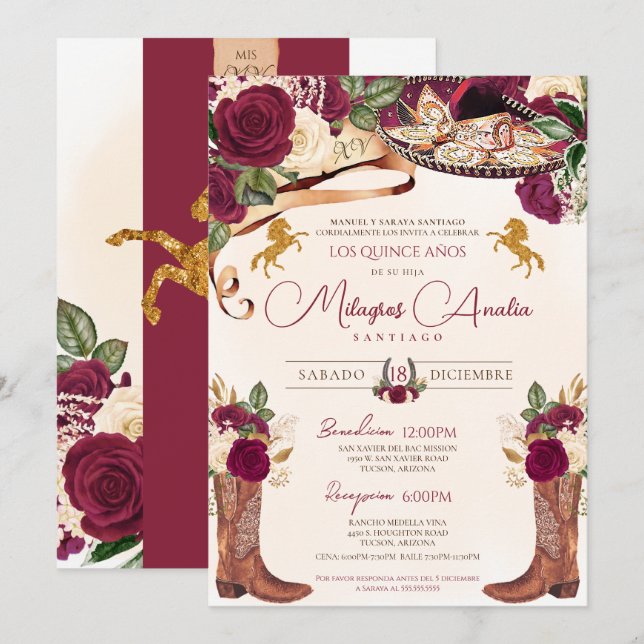 Invitation Charro Quinceañera, Rose de Bourgogne (Devant / Derrière)