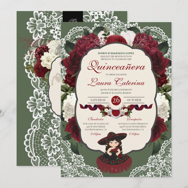 Invitation Charro Quinceanera, Rose floral vert rouge de Bour (Devant / Derrière)
