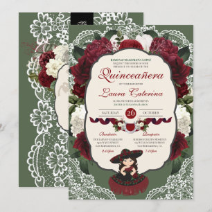 Invitation Charro Quinceanera, Rose floral vert rouge de Bour