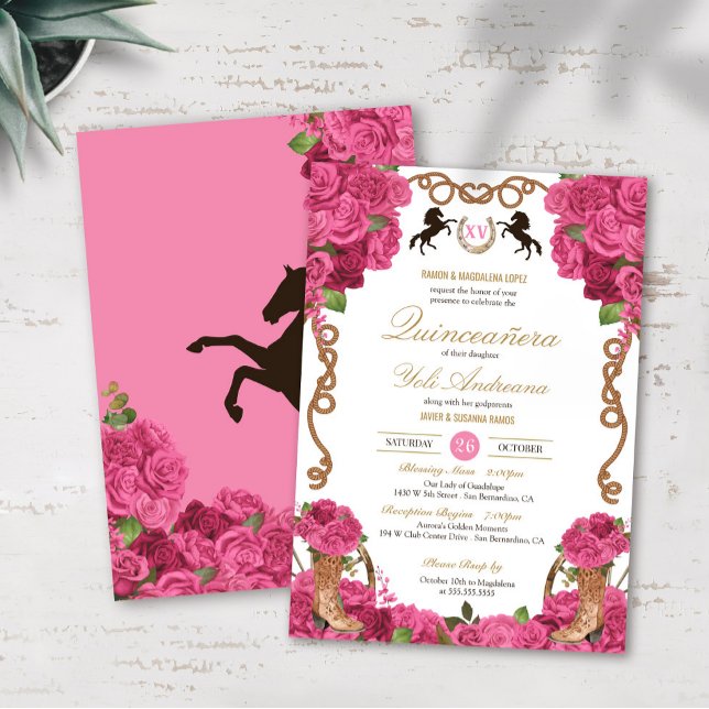Invitation Charro Quinceanera, Rose rose chaud (Créateur téléchargé)
