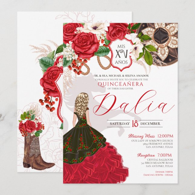 Invitation Charro Quinceañera Roses rouges Crest Floral Ouest (Devant / Derrière)