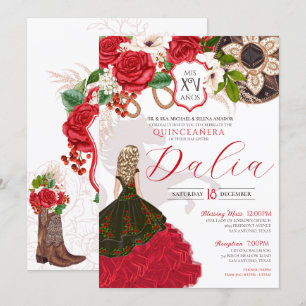 Invitation Charro Quinceañera Roses rouges Crest Floral Ouest