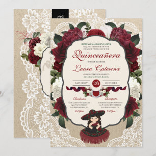 Invitation Charro Quinceanera Rouge Bourgogne Floral Annivers