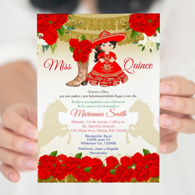 Invitation Charro Quinceañera Rouge Or (Créateur téléchargé)