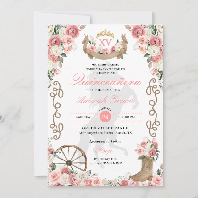 Invitation Charro rose de l'Ouest fille Quinceañera (Devant)