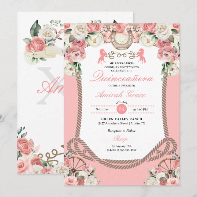 Invitation Charro rose occidentale Cowgirl Quinceañera (Devant / Derrière)
