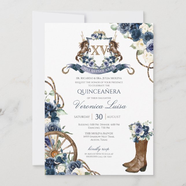 Invitation Charro Royal Navy Blue Floral Crest Quinceanera  (Devant)