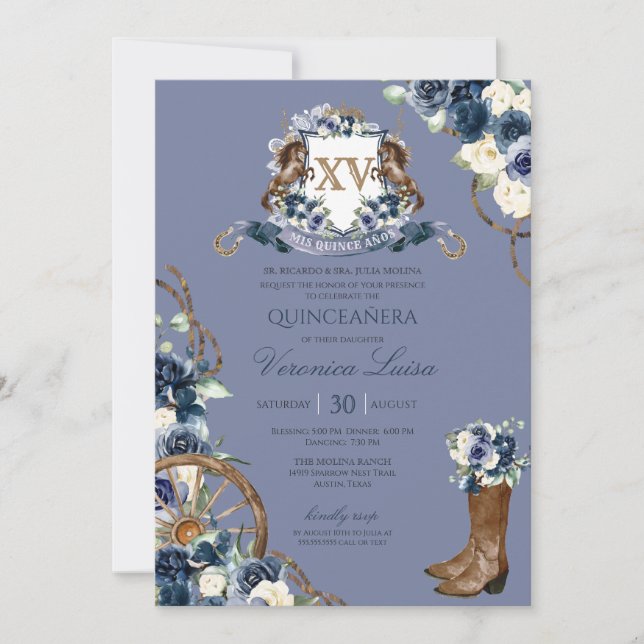 Invitation Charro Royal Navy Blue Floral Crest Quinceanera (Devant)