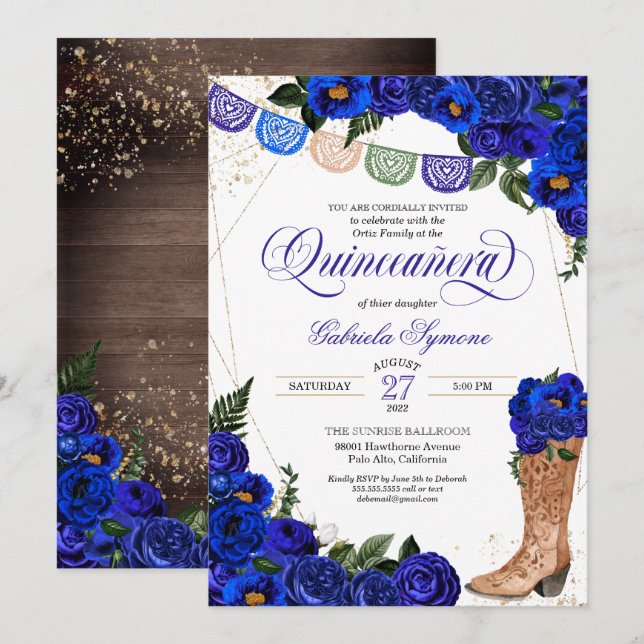 Invitation Charro Russe pousses de cowgirl Roses bleus Quince (Devant / Derrière)