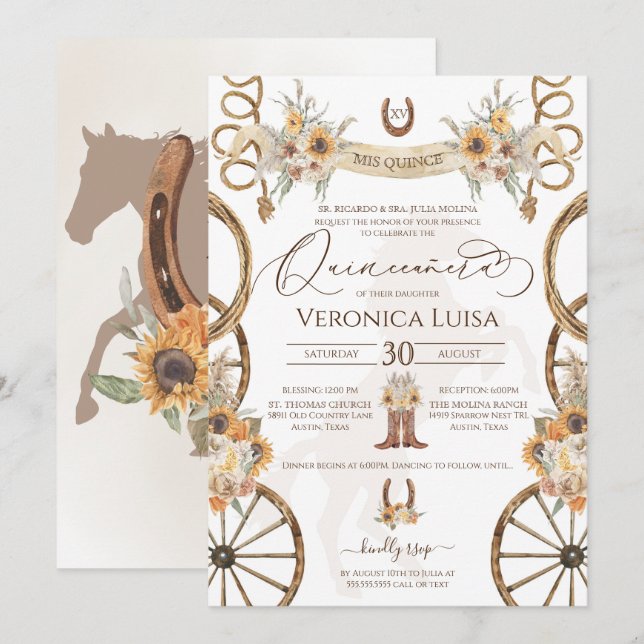 Invitation Charro Tournesol Pays Russe Floral Quinceanera (Devant / Derrière)