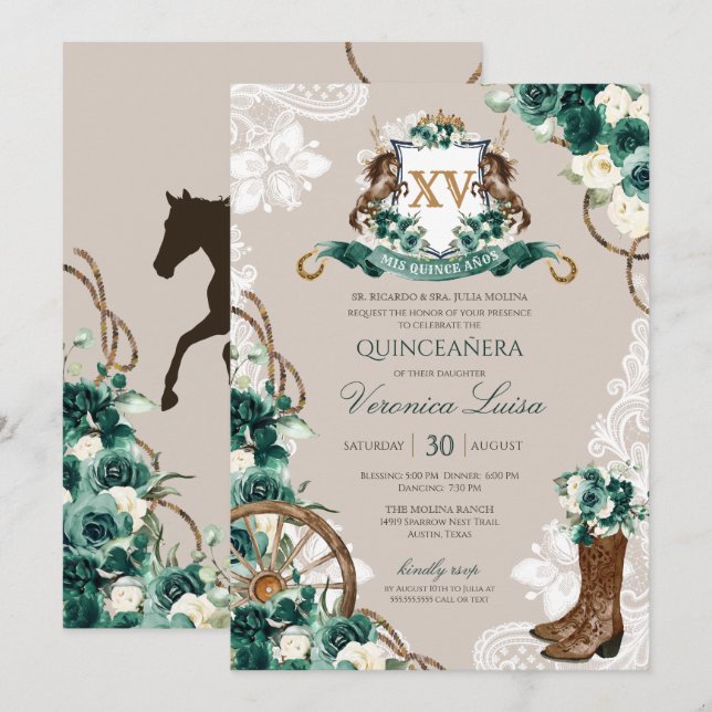Invitation Charro vert Floral Horse Crest Quinceanera (Devant / Derrière)