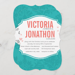 Invitation Chartreuse moderne Turquoise Mariage damassé