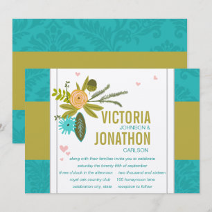 Invitation Chartreuse moderne Turquoise Mariage damassé