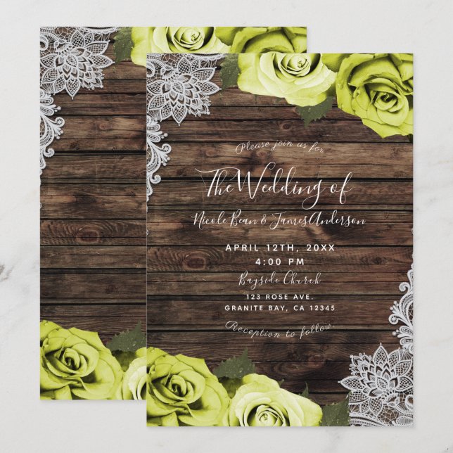 Invitation Chartreuse Verte Floral Rose Mariage dentelle en b (Devant / Derrière)