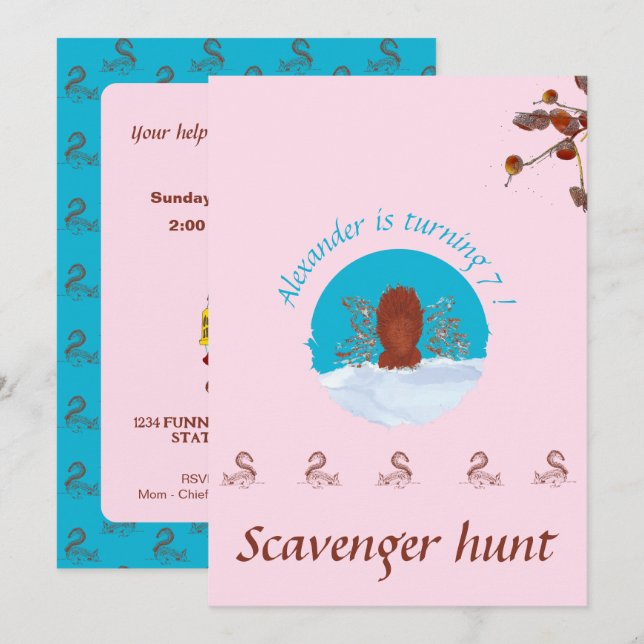 Invitation Chasse à l'objet fun écureuil creusant sur rose pa (Devant / Derrière)