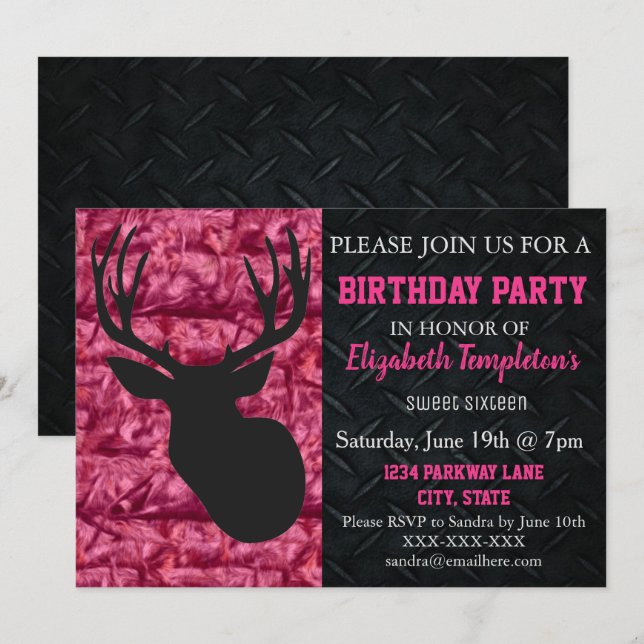 Invitation Chasse au Camo rose Sweet sixteen Anniversaire (Devant / Derrière)