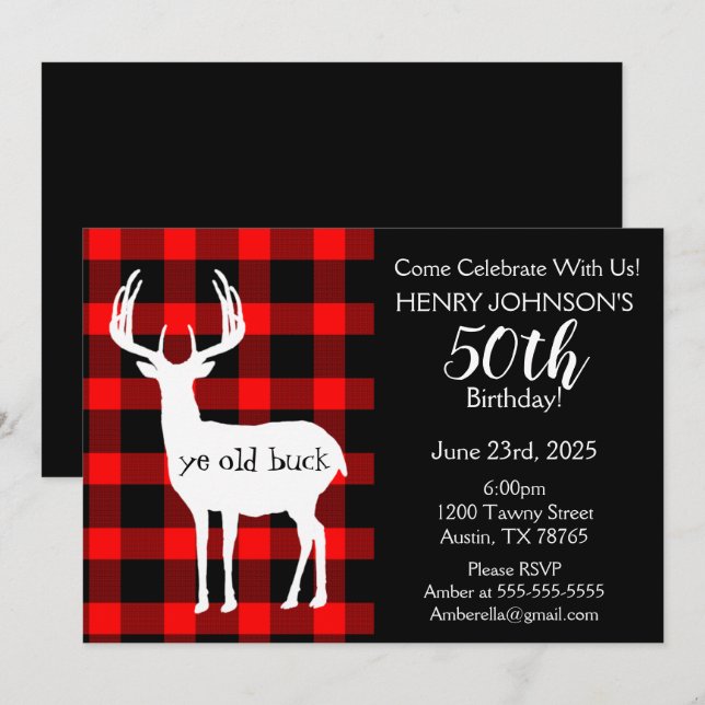 Invitation Chasse aux Cerfs Buffalo Plaid Thème 50ème Anniver (Devant / Derrière)