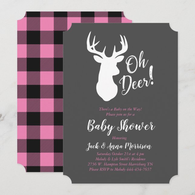 Invitation Chasse aux cerfs Lodge Baby shower Antlers Girl Ro (Devant / Derrière)