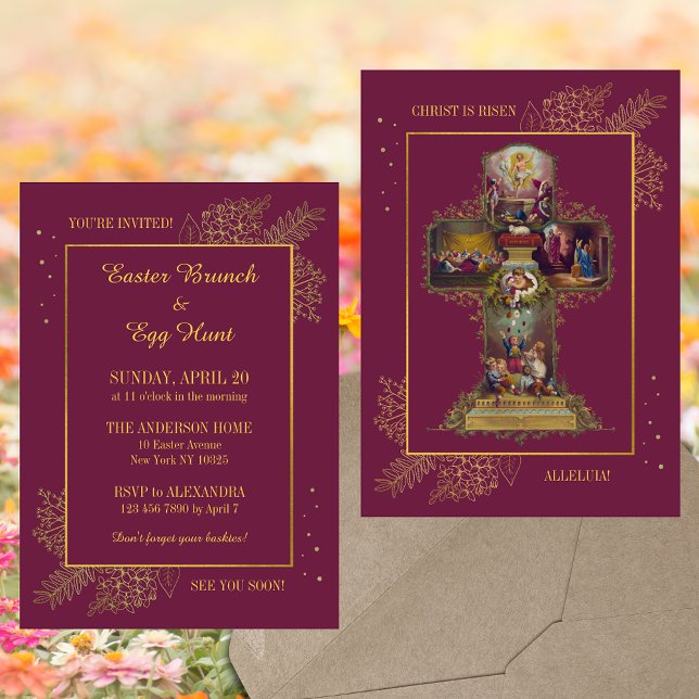 Invitation Chasse aux oeufs de Brunch de Pâques (Purple Religious Christian Catholic Floral Easter Cross Christ is risen Brunch Egg Hunt Invitation)