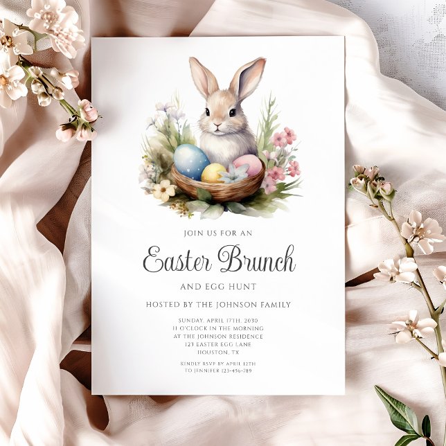 Invitation Chasse Aux Oeufs De Lapin Et Brunch De Pâques (Cute Rabbit Egg Hunt And Easter Brunch Invitation)