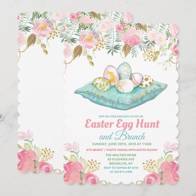 Invitation Chasse aux oeufs de Pâques Aquarelle florale Invit (Devant / Derrière)