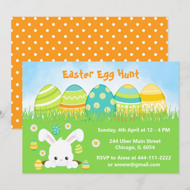 Invitation Chasse aux oeufs de Pâques en vert et jaune (Devant / Derrière)