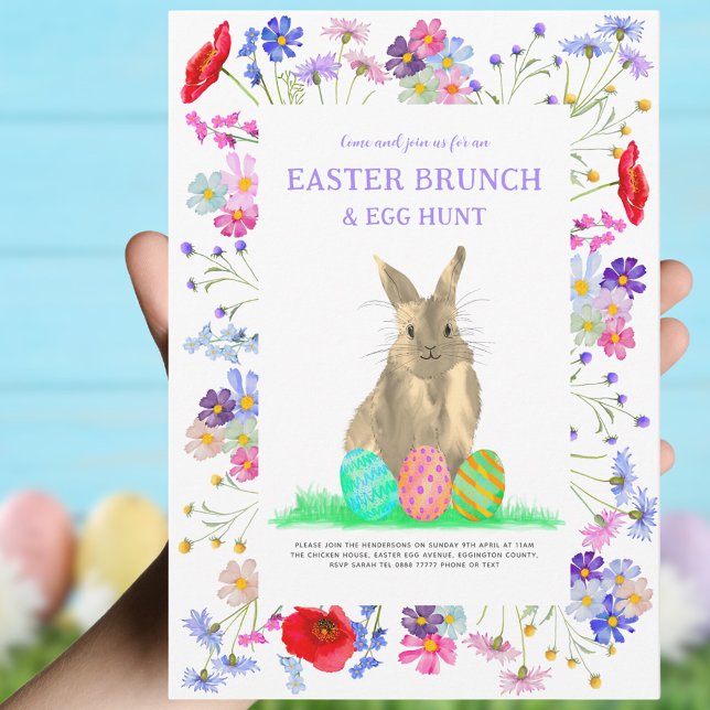 Invitation Chasse aux oeufs de Pâques et Brunch Bunny Floral (Easter brunch and egg hunt custom invitation cute bunny and eggs with watercolor wildflower floral)