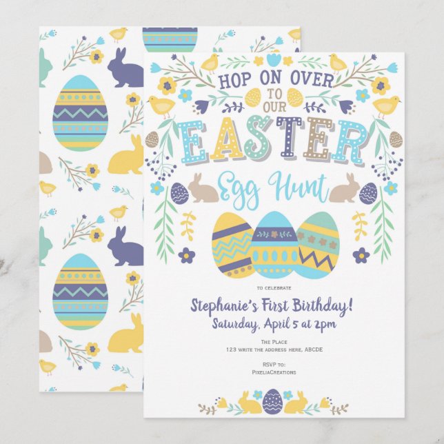 Invitation Chasse aux oeufs de Pâques, printemps, lapin, fête (Devant / Derrière)