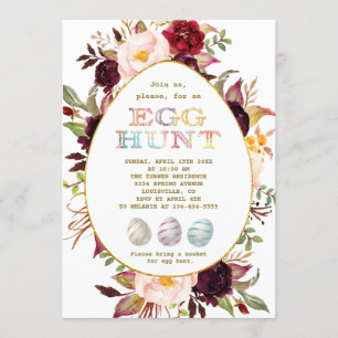 Invitation Chasse aux oeufs d'or aux fleurs blanches roses de