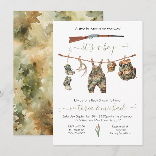 Invitation Chasse Baby shower Camo Boy (Devant / Derrière)