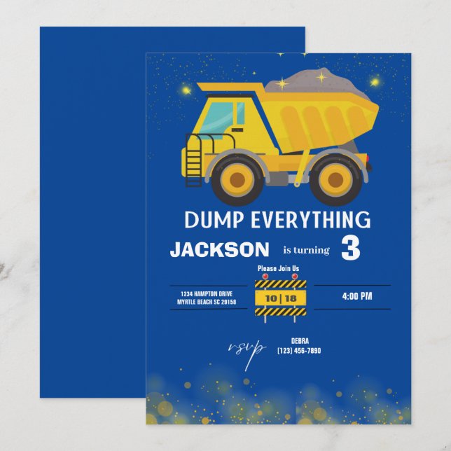 Invitation Chasse de construction Camion Boys Marine Annivers (Devant / Derrière)