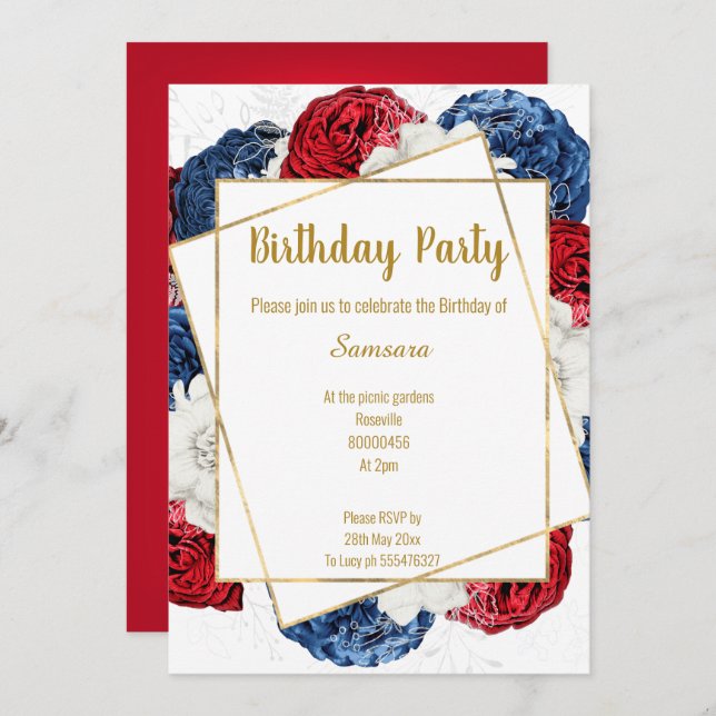 INVITATION CHÂSSIS BLANC BLEU FLORAL CLAIR ANNIVERSAIRE (Devant / Derrière)