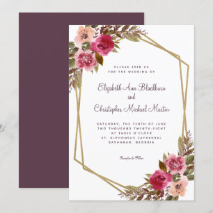Invitation Châssis Floral violet Mariage Chic Gold Frame