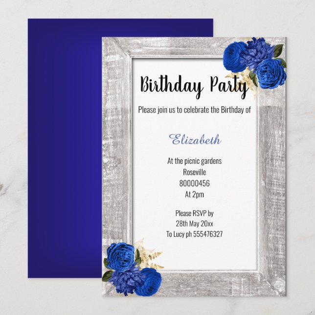 INVITATION CHÂSSIS RUSTIQUE ANNIVERSAIRE FLORAL BLEU ROYAL (Devant / Derrière)