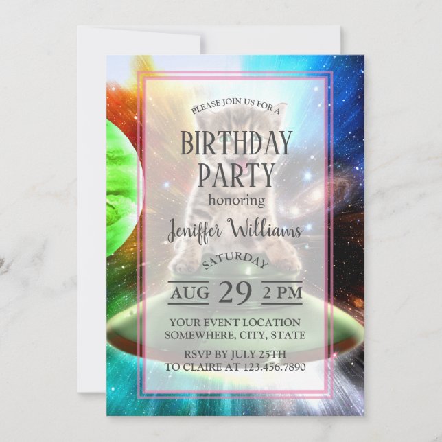 Invitation Chat Alien dans la soucoupe de l'ufo (Devant)