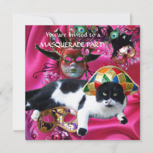 INVITATION CHAT AVEC CASQUETTE HARLEQUIN ET MASQUERADE DE FÊT