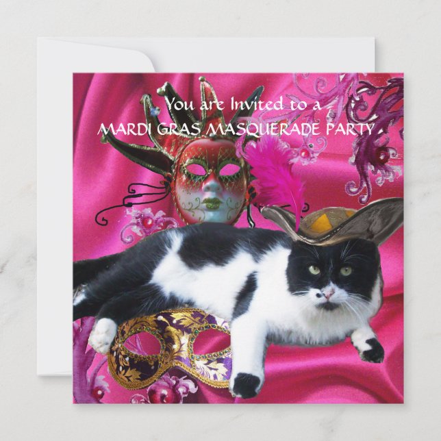 INVITATION CHAT AVEC CASQUETTE TRICORN ET MASQUÉRADE DE FÊTE  (Devant)