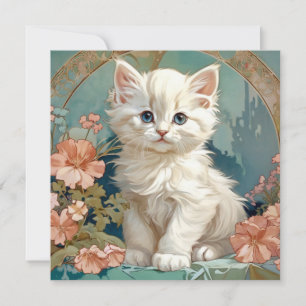 Invitation Chat blanc de style Alphonse Mucha