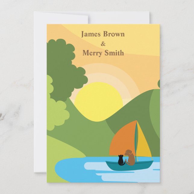 Invitation Chat Chien Bateau Lac Soleil Chaud Amour Mariage (Devant)