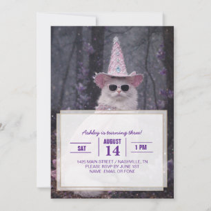 Invitation Chat de magicien magique en cape et chapeau rose s