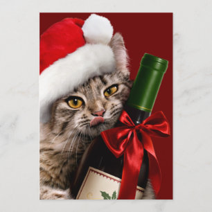 Invitation Chat de Noël avec bouteille de vin