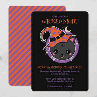 Invitation Chat de sorcière kawaii fête d'Halloween