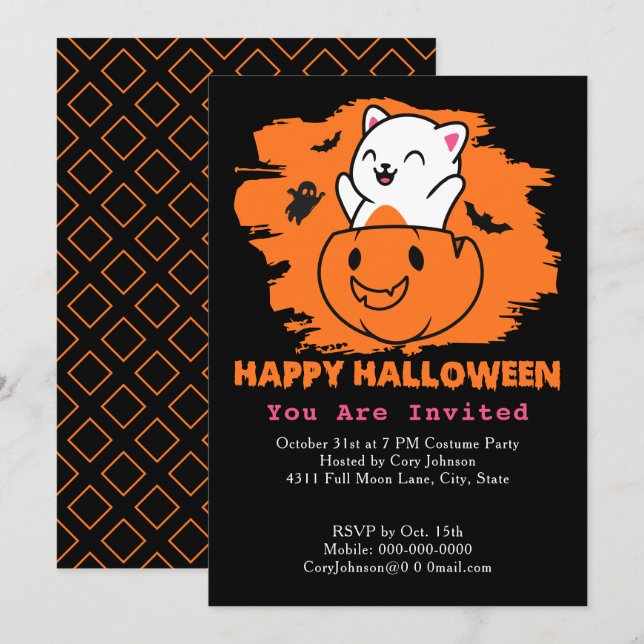 Invitation Chat d'Halloween en Citrouille, Chats Fantômes Noi (Devant / Derrière)