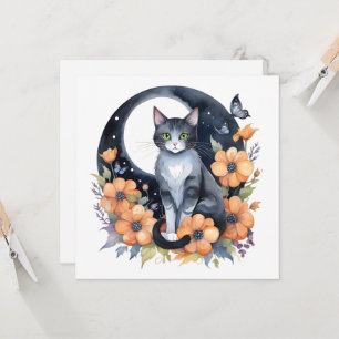 Invitation Chat élégant Art floral lune Chat amateur