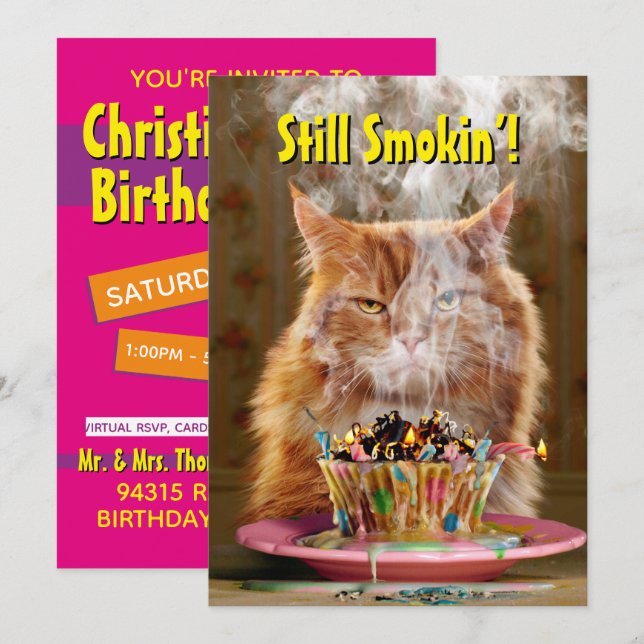 Invitation Chat grincheux drôle avec gâteau d'anniversaire fo (Devant / Derrière)